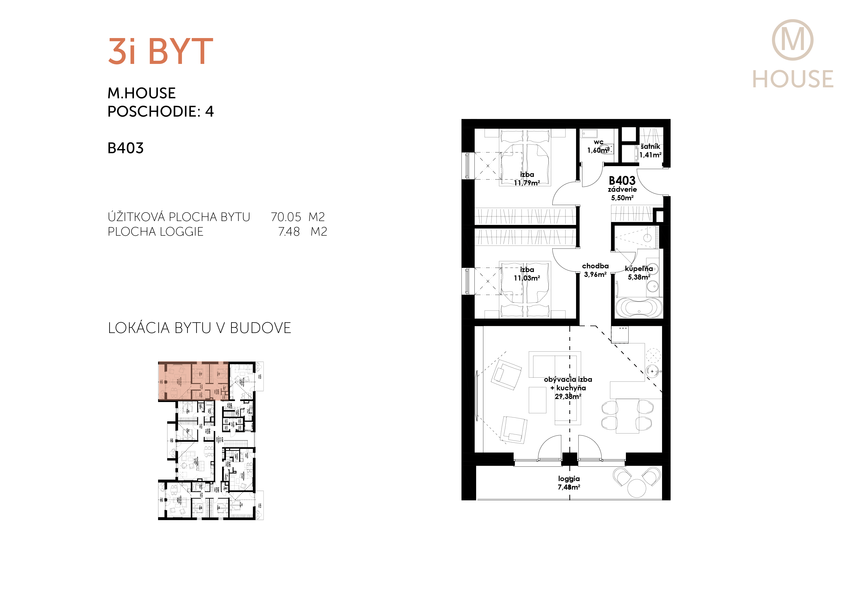 Predané: Novostavba 3 Izbový, M-House, Malacky centrum, 70,05m2, Loggia 7,48m2-6
