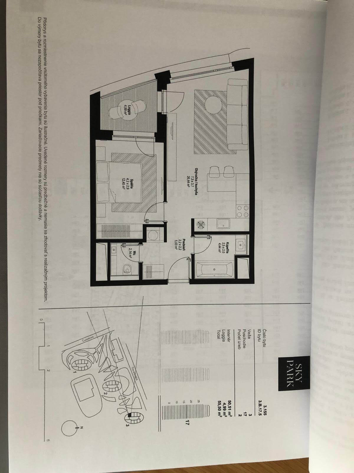 Predané: 2 izbový byt v Sky parku, III Veža,  17 poschodie, úžitková 50,51m2, Loggia 4,99m2,parkovacie miesto-0