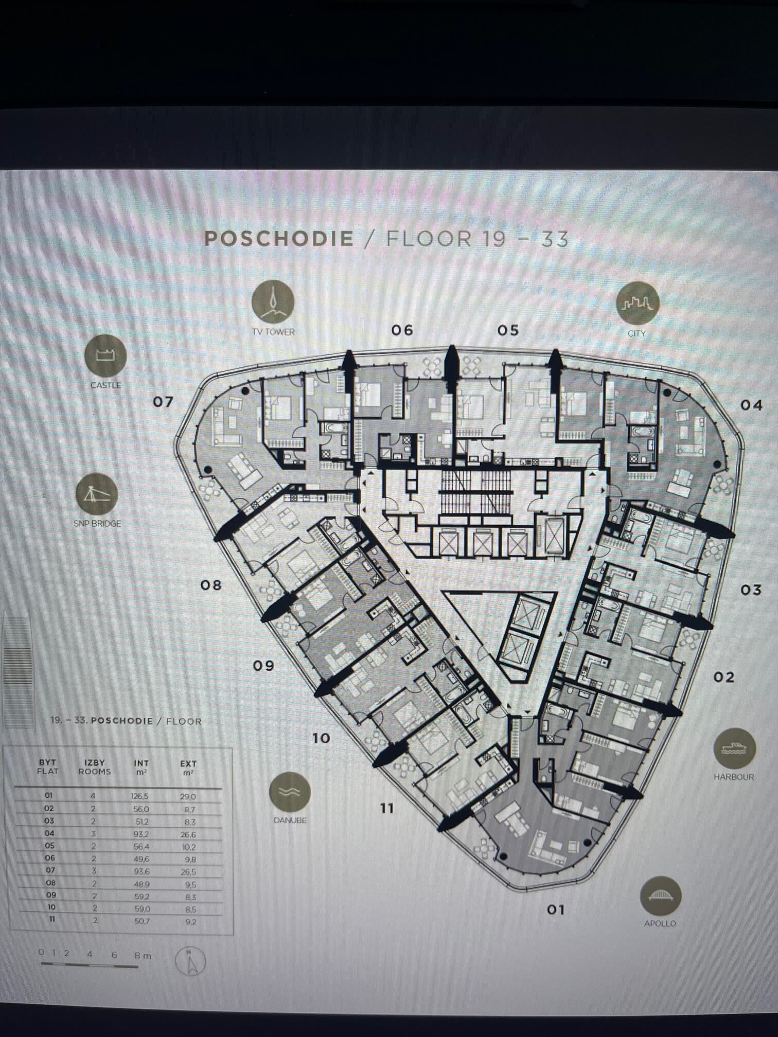 Predané: 2 Izbový byt,  Eurovea Tower, 56,4m2 úžitková, loggia 10,2m2, 33 poschodie, kobka 3,10 m2, Garážové miesto-16