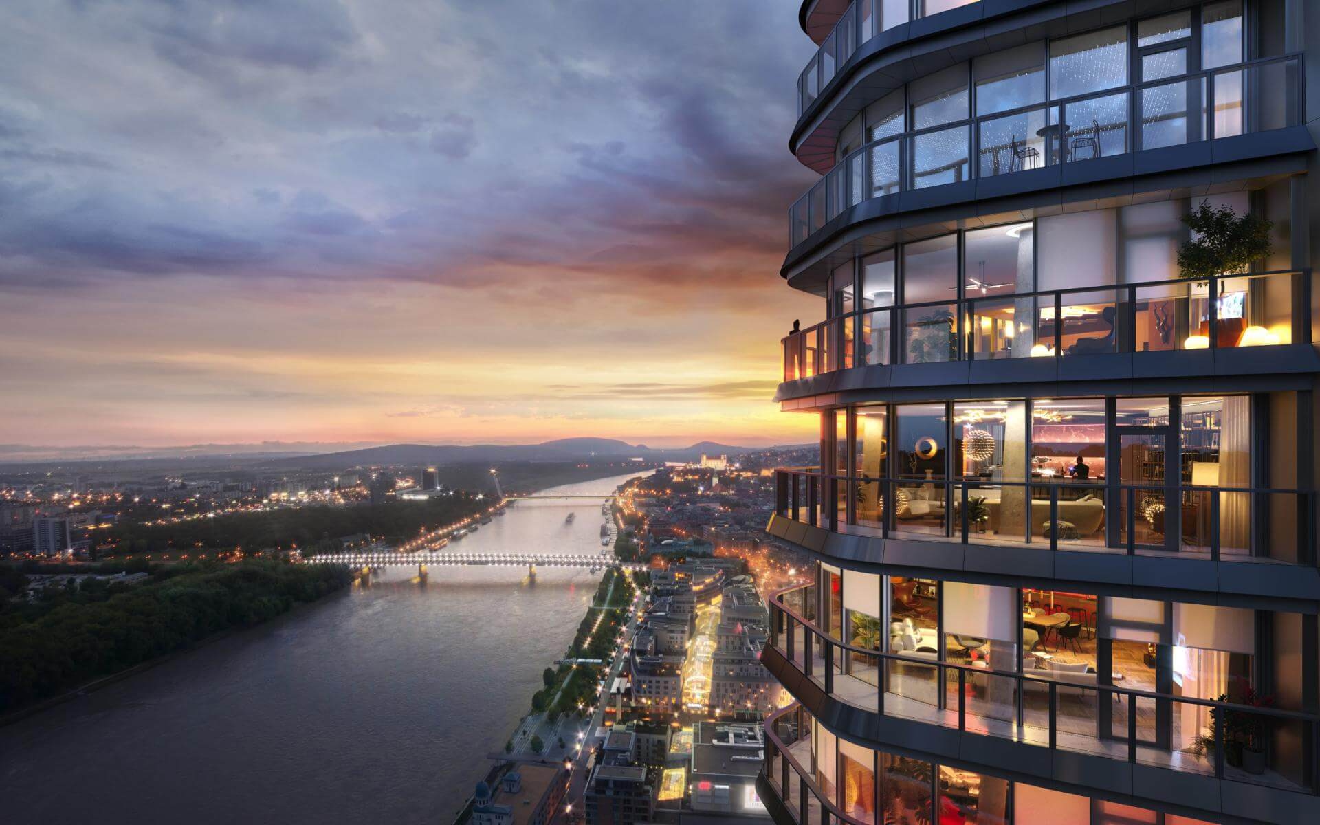 Predané: 2 Izbový byt,  Eurovea Tower, 56,4m2 úžitková, loggia 10,2m2, 33 poschodie, kobka 3,10 m2, Garážové miesto-3